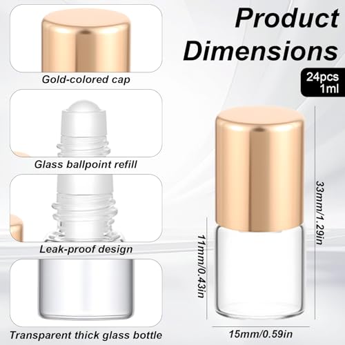 24 Pack 1ml Gold Glass Roll-On Bottles for Essential Oils