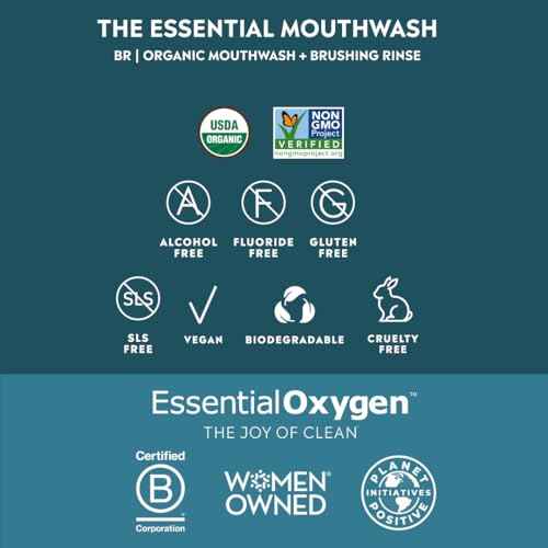 Essential Oxygen Certified BR Organic Brushing Rinse, All Natural Mouthwash for Whiter Teeth, Fresher Breath, and Happier Gums, Alcohol-Free Oral Care, Wintergreen, 16 Ounce
