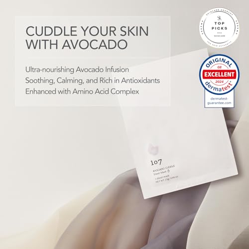 107 Avocado Face Mask, Pack of 5 Sheets, Infused with Avocado & Niacinamide, Nourishing & Moisturizing for Dry, Sensitive Skin, Korean Skincare, 0.88oz (25g) per Sheet