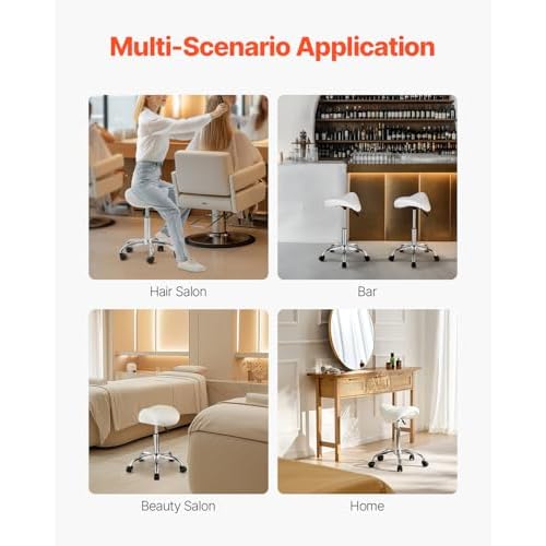 VEVOR Saddle Stool with Wheels, 450 LBS Weight Capacity Ergonomic Rolling Stool, Height Adjustable Thickened PU Leather Swivel Saddle Chair for Salon, Spa, Massage, Tattoo, Clinic, White