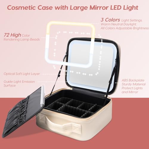 Makeup Bag with Mirror | Partitionable Professional Makeup Organizer | Large Travel Makeup Bag for Women | Cosmetic Case for Daily & On-the-Go Use (Ivory)
