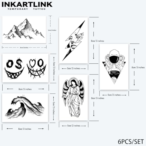 INKARTLINK Tattoo Tech,6 Sheets Small Semi Permanent Tattoo, Temporary Tattoos Adult, Last 1-2 Weeks, Waterproof, Realistic look, No Adhesive, No reflection (Lightning, Mountain Range）