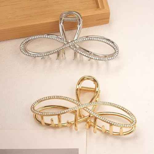 2-Pack Rhinestones Hair Claw Clip for Women, Large Gold and Sliver Metal Elegant Hair Clips Grils Bling Bow Shaped Claw Clip Hair Accessories