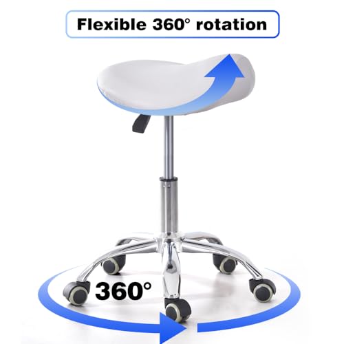 Ergonomic Saddle Rolling Stool for Salon Office Bar Tattoo Lash Tech Manicure Kitchen Hygienic Home Eyelash Artist Spa Metal Stool with Wheels Adjustable Seat Chair,White