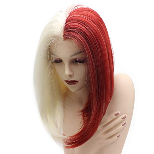 iwonawig Lace Front Synthetic Bob Wig (half white half red)