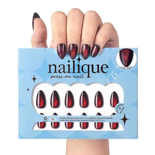 Handmade Cat Eye Gel Press On Nails ? Short Almond Dark Black Red Set, 26pcs Reusable Lamp-Curable Nail Kit Salon-Quality Fake Glue On Nail Tips for Christmas Valentine Wedding Everyday Glam