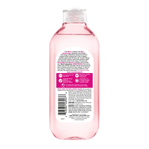 Garnier Micellar Water with Rose Water and Glycerin, Facial Cleanser & Makeup Remover, All-in-1 Hydrating, 13.5 Fl Oz (400mL), 1 Count (Packaging May Vary)