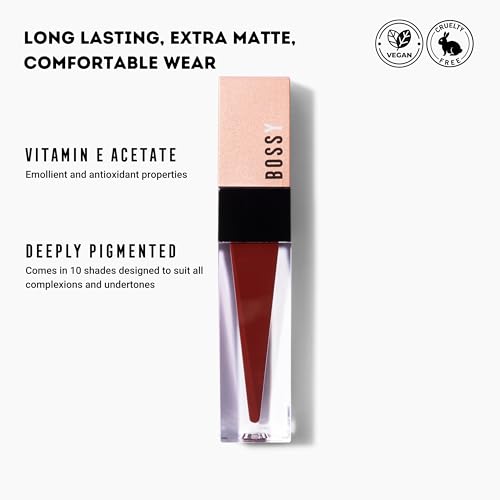 Bossy Cosmetics Liquid Lipstick for Women, Vegan, Hydrating, Long Lasting, Matte Lip Stick for Healthy & Full Lips, Smudge-Proof, Quick Drying, Paraben and Cruelty Free (Powerful- Deep Wine Color)