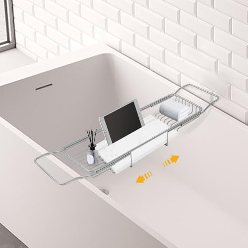 Expandable Stainless Steel Bathtub Tray with Marble Groove