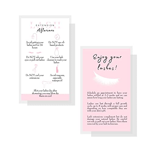 Lash Extension Aftercare Cards | 50 Pack | Business Card Size 3.5 x 2" inches | Eyelash Extension Supplies | White and Light Pink Design