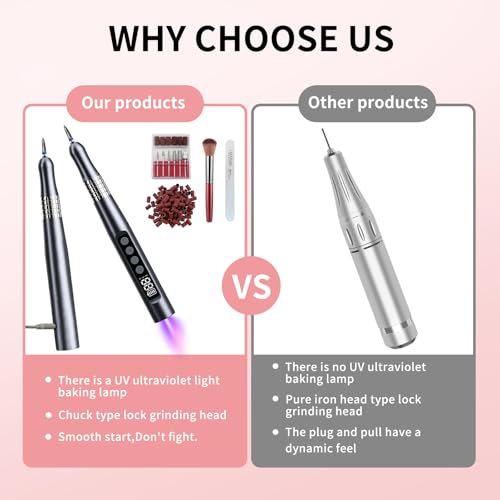 Professional Cordless Nail Drill and UV Light, 35000 RPM Electric Nail File Acrylic Gel Dip Powder Nail Tools, Portable Rechargeable brushless Nail Drill for Home & Travel, Gray(KY-9GJ)