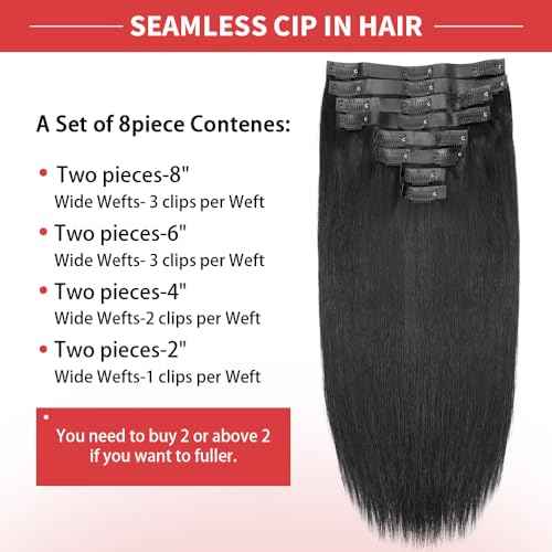 Seamless Clip in Hair Extensions Human Hair Full Head Natural Black PU Seamless Hair Extensions Straight 8pcs 120g Clip ins 100% Remy Human Hair Extensions For Women (16 inch, #1B)