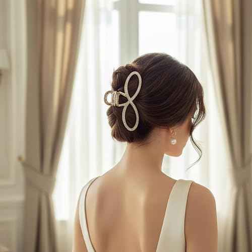 2-Pack Rhinestones Hair Claw Clip for Women, Large Gold and Sliver Metal Elegant Hair Clips Grils Bling Bow Shaped Claw Clip Hair Accessories