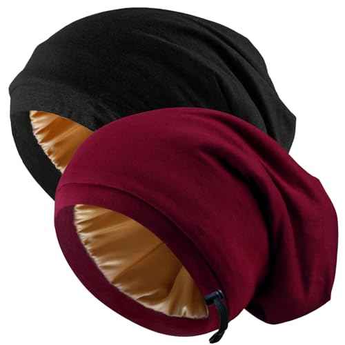 Silk Satin Bonnet Hair Wrap for Sleeping, 2 Pcs Adjustable Silk Bonnets for Women Men Sleep Cap Silk Lined Slouchy with Adjustable Strap Curly Hair Head Scarf Night Caps