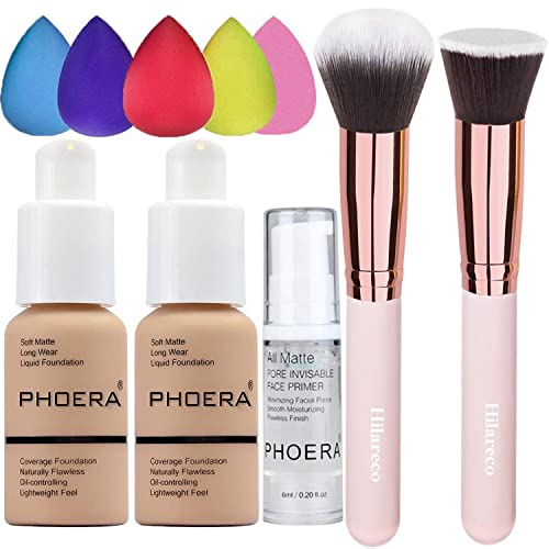 2 Pack PHOERA Foundation Buff Beige 104 and Face Primer,Liquid Full Coverage Foundation Set,Foundation Brush Powder Brush,5 Makeup Sponge,24HR Matte Oil Control Concealer (104- Buff Beige)