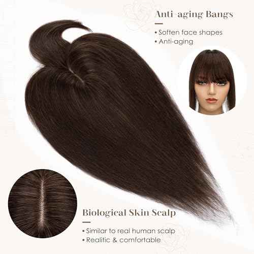 S-noilite Human Hair Toppers for Women with Bangs 100% Real Human Hairpiece 5"x3" Clip in Silk Base Topper Piece Cover Thinning Fine Hair 6 inch Chocolate Brown