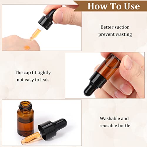 Nuogo 100 Pcs Mini Amber Glass Oil Dropper Bottle Bulk, Clear Essential Small Empty Sample Vial with Dropper and Black Caps Tiny Amber Glass Bottles Perfume Jars for Travel(3 ml)