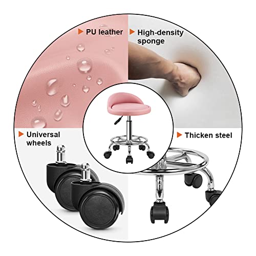 KKTONER PU Leather Rolling Stool Pink - Height Adjustable