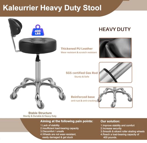 Kaleurrier Rolling Stool with Back Support, Adjustable 22-30 in, 400 lb