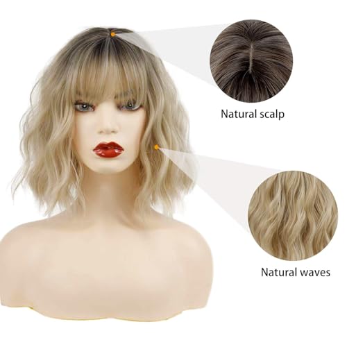 Short Blonde Wavy Bob Wig with Bangs - Heat Resistant
