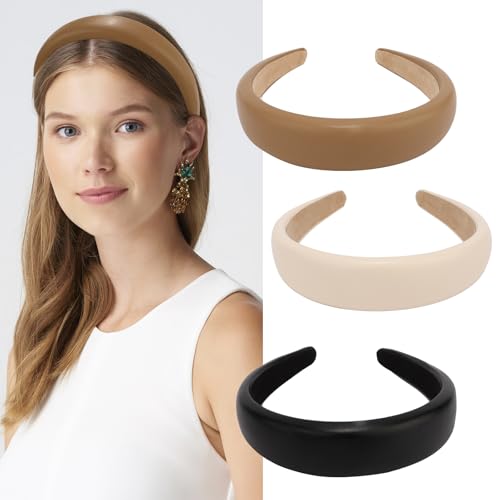 FASOTY 3PCS Padded Headband Leather Headbands for Women Neutral Colors Trendy Puffy Headband Soft Thick Comfortable Headbands for Women and Girls Non Slip Hair Accessories for Yoga Makeup Shower