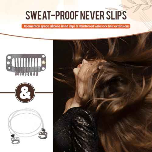 Invisible Wire Hair Extensions Real Human Hair - 12 Inch 70G Light Brown Transparent Fish Line Clip-Ins Hair Piece, 100% Remy Human Hair Extensions for Women