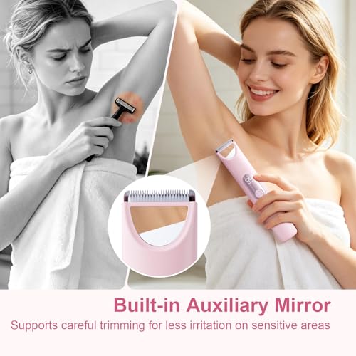 Glowlyns Bikini Trimmer for Women with Built-in Mirror - Dual Head Electric Razor Pink