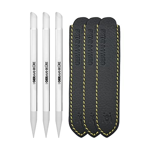 GERMANIKURE Glass Cuticle Stick Set of 3 in Leather Sleeve - Ethically Made in Czech Republic - Cuticle Pusher & Remover, Callous & Dry Skin Fingertip File, Nail Shaper - Professional Cuticle Care
