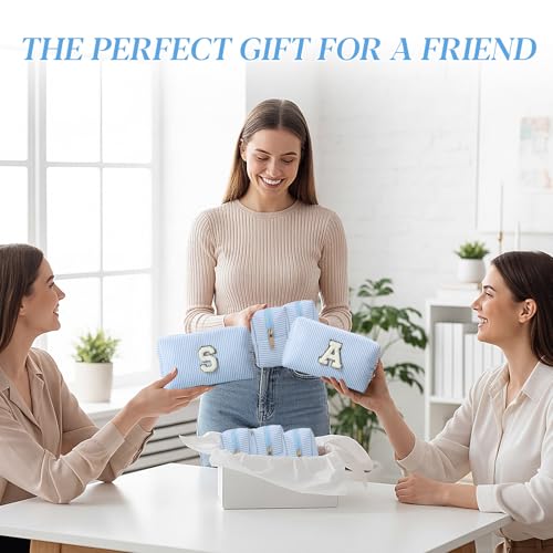 Light Blue Seersucker Cosmetic Bags 8 Pack with A-Z Chenille Letter Patches - Travel & Makeup Organizer