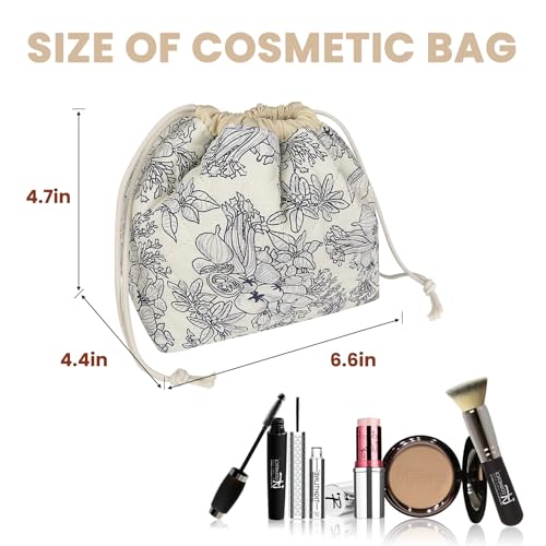 Large Makeup Bag, Cute Drawstring Cosmetic Bag with Canvas Lining, Floral Coquette Aesthetic Toiletry Bag, Travel Make Up Organizer Bag for Women and Girl (Blue Flower)
