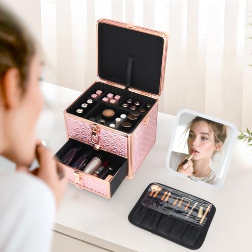 Makeup Case with Drawer, Travel Makeup Train Case with Magnetic LED Mirror, Cosmetic Organizer with Adjustable Divider - Sparkling Pink