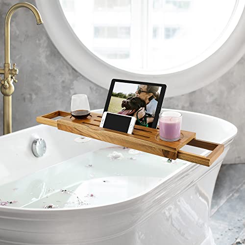 Teak Bathtub Tray Caddy - Expandable Bath Tray - Adjustable Organizer Tray for Bathroom - Luxury Bath Caddy Tub Table, Bathtub Accessories & Bathroom Gadgets
