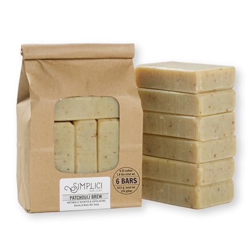 Simplici Patchouli Brew Natural Soap (exfoliating + pure essential oils) 6 Bar Value Bag. Palm Free.