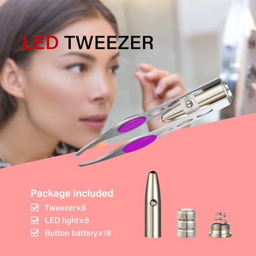 Tatuo 6 Pcs Light Stainless Steel Tweezers with LED, Makeup Eyelash Eyebrow Hair Removal Illuminating Lighted Tweezers for Precision Men Women(Red, Purple, Dark Blue)