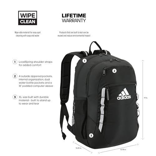 adidas Excel 6 Backpack, Black/White 3 Stripe Webbing, One Size