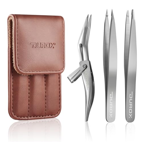 DUROX 3-Piece Tweezer Set ? 1.Pointed Ingrown Hair Tweezers, 2.Fine-Tip Splinter Tweezers, 3.Safety Round Tip for Facial & Chin Hair Removal. Made of stainless steel. Protective pouch for safe storage