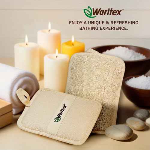 Waritex Egyptian Loofah Rectangular Body Scrubbers with Hand Strap, Exfoliating Bath Pads Made from Natural Egyptian Loofah Fibers, Gentle Deep Cleansing for Men and Women in Shower 3 Count (1 Pack)