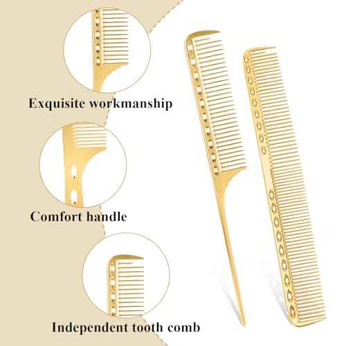 Professional Barber Aluminum Comb Set Metal Combs for Cutting Comb Hair Hairdressing Tail Comb (Golden)