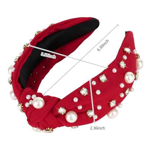 Red Headband for Women Pearl Knotted Headband Sparkly Rhinestone Pearls Top Knotted Headbands Womens Fashion Hair Accessories Cute Hair Bands