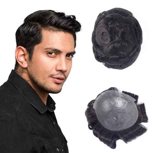 CARA Human Hair Toupee for Men, 8 x 10 inches, Ultra Thin Skin 0.04mm, V-loop, Medium Light Density, Color 1b (8X10 Exquisite box packaging)