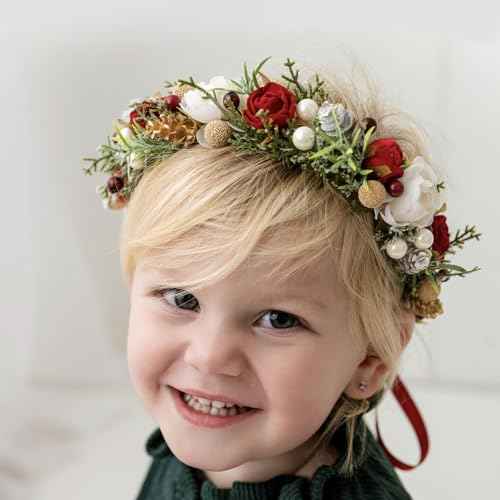 Christmas Flower Crown for Girls Winter Floral Crown Holiday Decoration Headband Xmas Wedding Headpiece Burgundy Berry Wreath Red Green Golden Gifts for Grandkids Holly Berry Garland