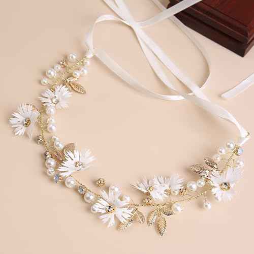 2 PCS Daisy Pearl Flower Vine Rhinestones Headband, Flower Headband Floral Hair Wreath Headpiece for Bridal Women Girls Hippie Wedding Party
