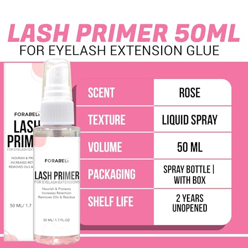 Forabeli Lash Primer Spray for Eyelash Extensions 50ml | Large Value Size Pre-Treatment | Maximum Retention & Adhesion Booster | Protein Remover & Cleanser | Oil Free Formula | 1.69 fl oz