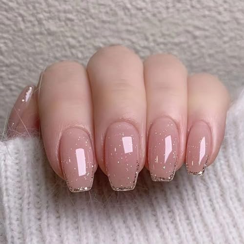 Coffin Press on Nails Short Gold French Tip Fake Nails Press ons Light Pink Full Cover Glue on Nails Glitter Sequins Designs False Nails Glossy Artificial Acrylic Nails for Girls 24Pcs