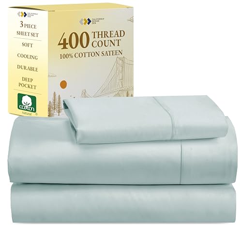 California Design Den Softest 100% Cotton Sheets, Twin Sheets Set, 3 Pc, 400 Thread Count Sateen, Dorm Rooms & Adults, Deep Pocket Sheets, Cooling Sheets, Twin Bed Sheets (Seafoam)