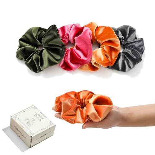 Large Premium Velvet Scrunchie for Women Silky Fabric Hair Ties Soft Ponytail Holder (Rose red Orange Green Grey) 4PCS