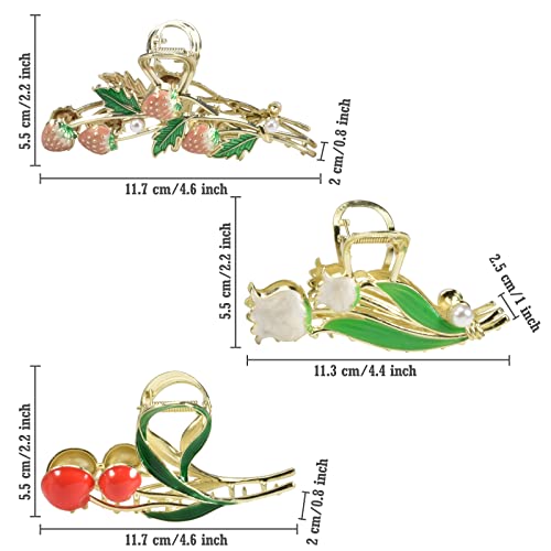 Yonchic 3-Piece Floral Metal Hair Accessories: Strawberry Cherry Tulip Barrettes, Elegant Strong Hold Non-Slip Clamps for Thin/Medium Thick Hair