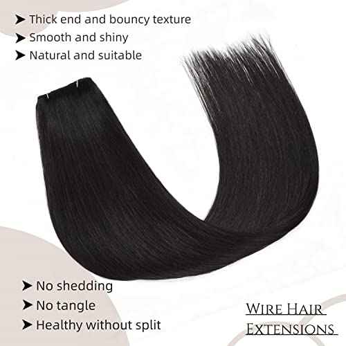 Wire Hair Extensions 18 Inch Invisible Fish Line Hair Extensions #1b Natural Black Wire Extensions Human Hair Piece with Transparent Line 100g Fish Wire Hair