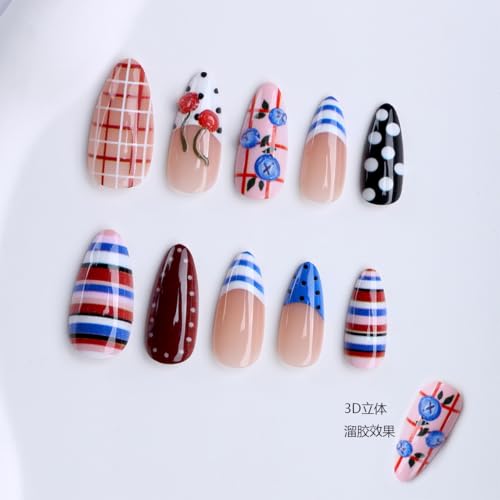 24Pcs Red White and Blue Press on Nails Medium Length Almond Y2k Fake