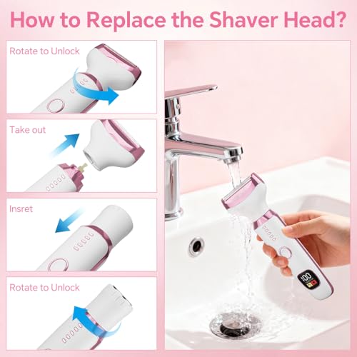 Electric Razor for Women 4-in-1 Bikini Trimmer & Body Shaver for Face, Legs, Underarms, Pubic Hair ? Rechargeable Wet/Dry Painless Hair Removal with LED Display (White)